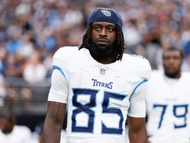 Chig Okonkwo playing tight end for the Tennessee Titans