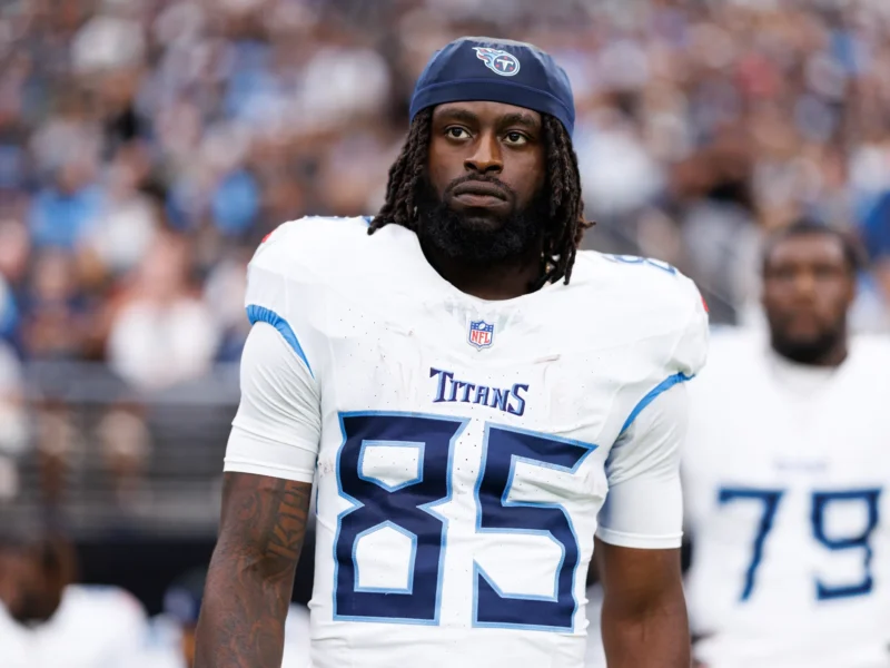 Chig Okonkwo playing tight end for the Tennessee Titans