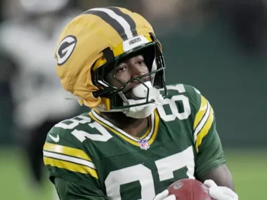 Romeo Doubs playing wide receiver for the Green Bay Packers